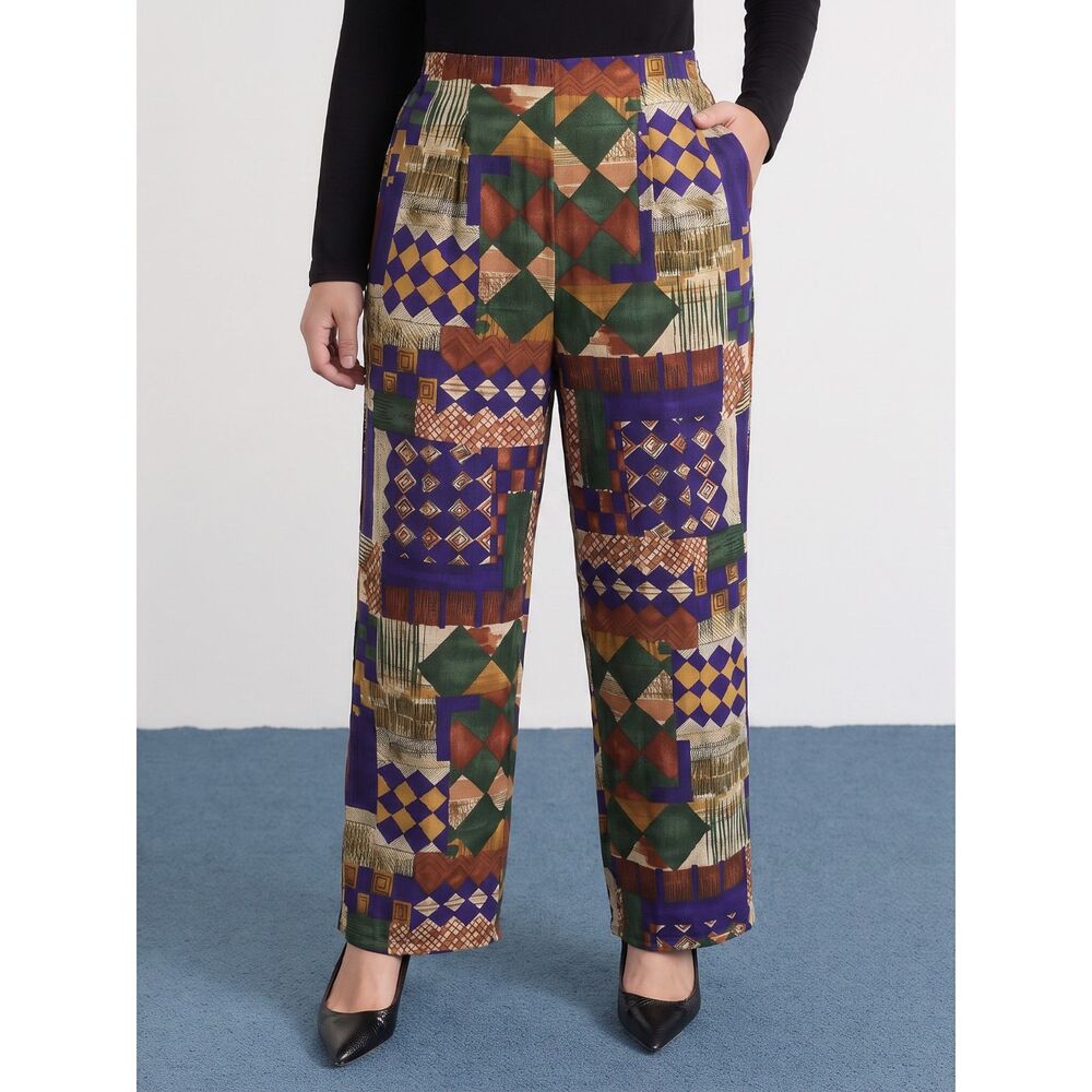 Vintage 90s Tracy Evans Geometric Patchwork Print Pull On Pants Size Large